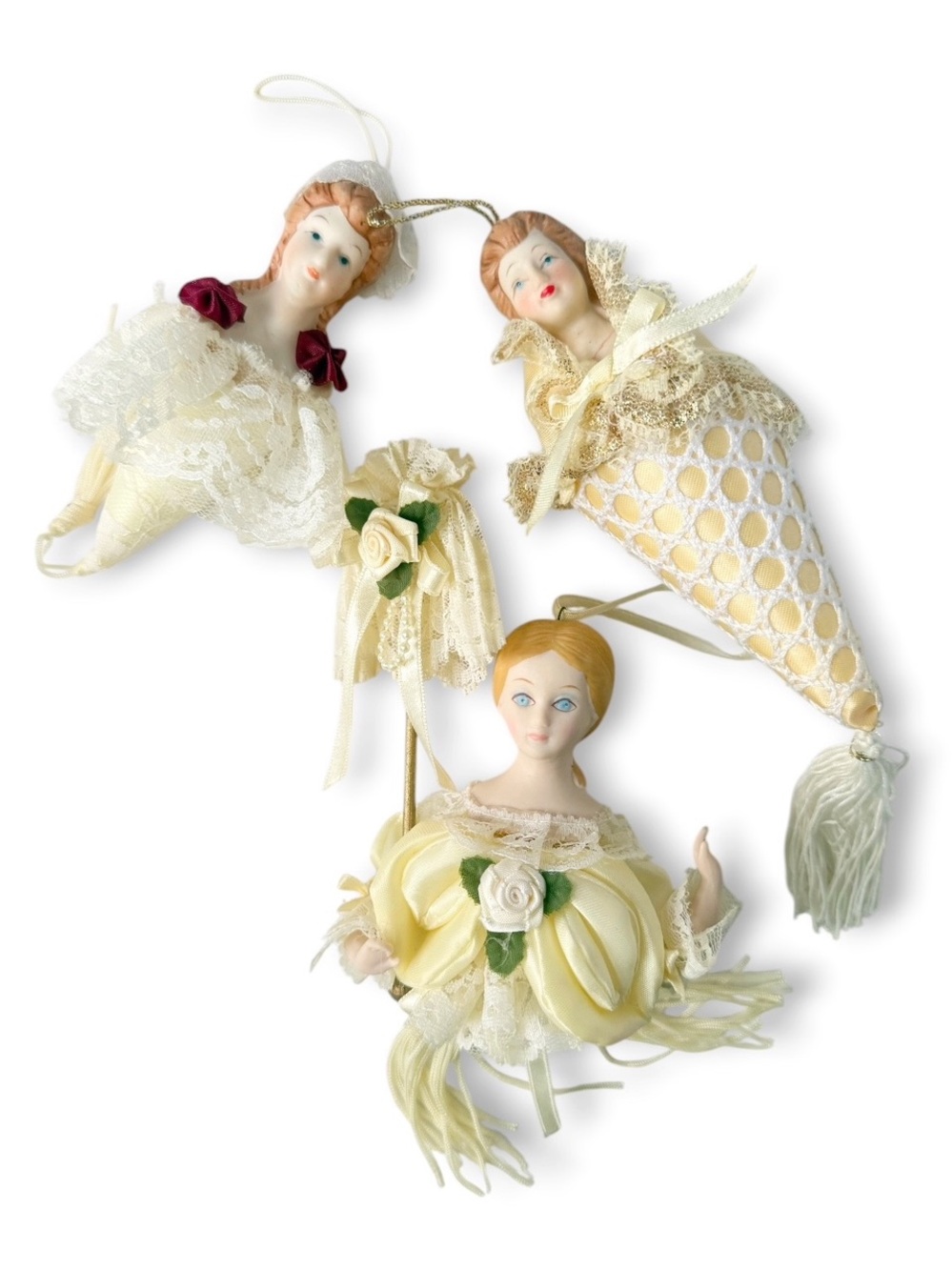 Vintage Set of 3 Victorian Style Porcelain Doll Lace Tassel Hanging Ornaments